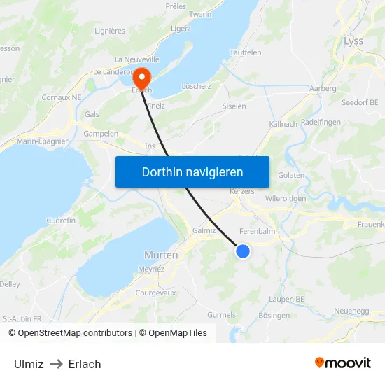 Ulmiz to Erlach map
