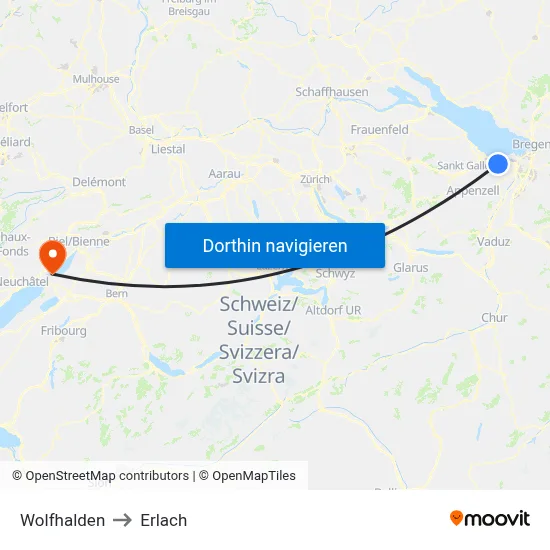 Wolfhalden to Erlach map