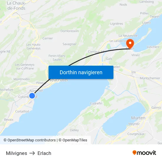 Milvignes to Erlach map
