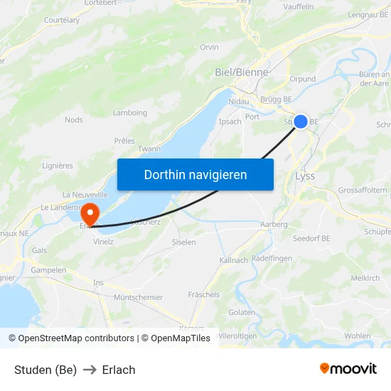Studen (Be) to Erlach map