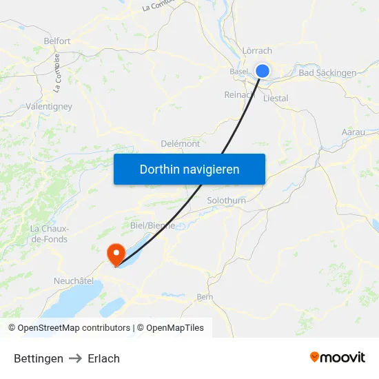 Bettingen to Erlach map