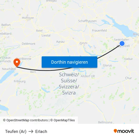 Teufen (Ar) to Erlach map