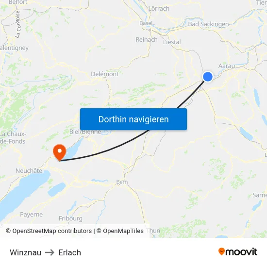 Winznau to Erlach map