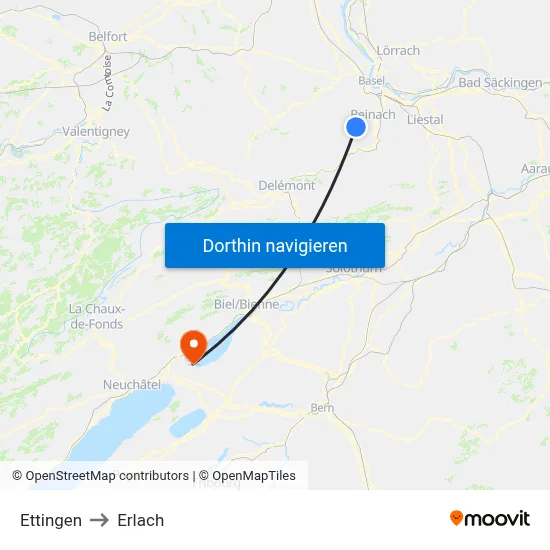 Ettingen to Erlach map