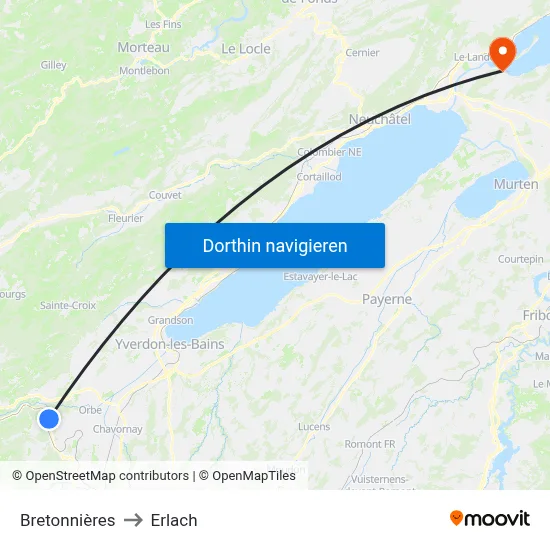 Bretonnières to Erlach map
