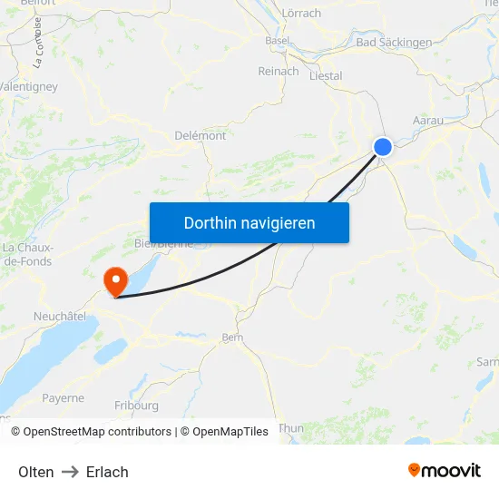 Olten to Erlach map