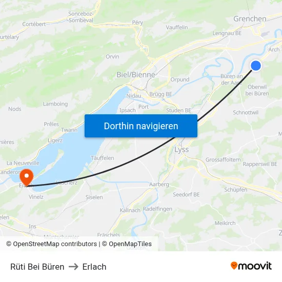 Rüti Bei Büren to Erlach map