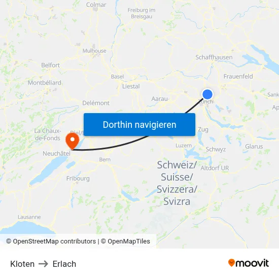 Kloten to Erlach map