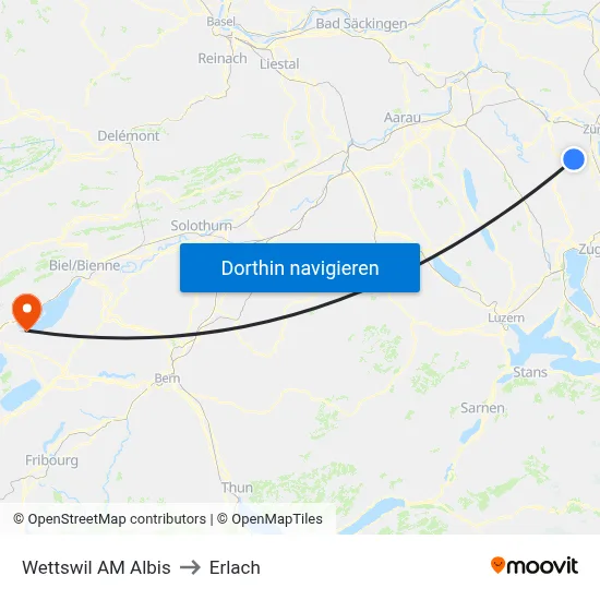 Wettswil AM Albis to Erlach map