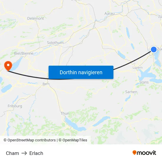 Cham to Erlach map