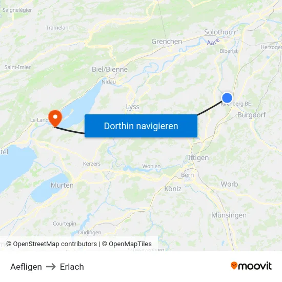 Aefligen to Erlach map
