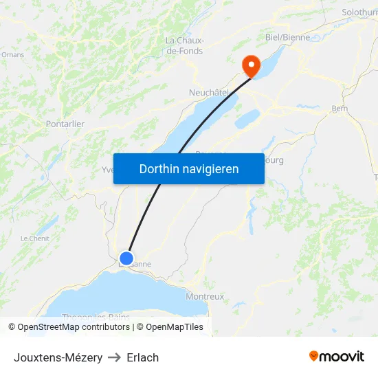 Jouxtens-Mézery to Erlach map