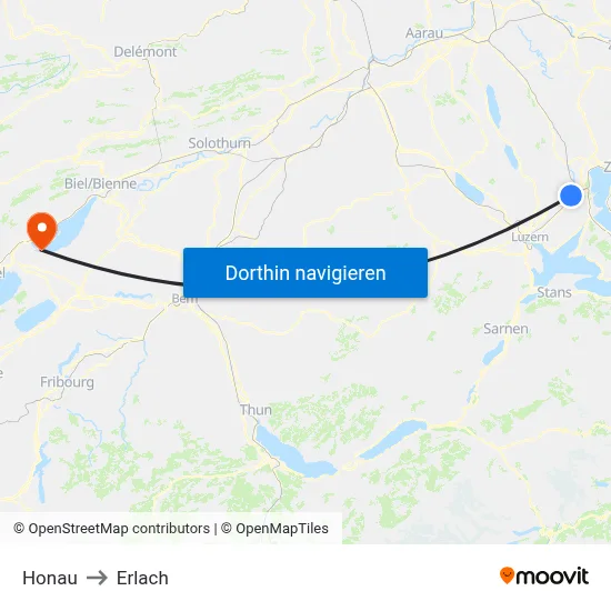 Honau to Erlach map