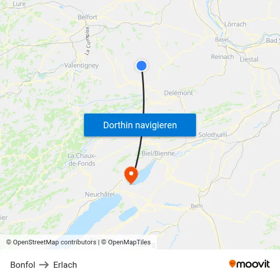 Bonfol to Erlach map