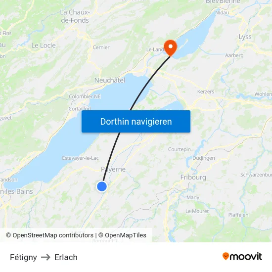 Fétigny to Erlach map