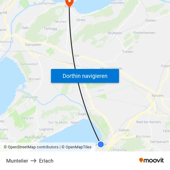 Muntelier to Erlach map