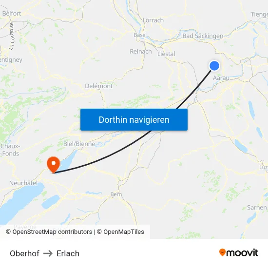 Oberhof to Erlach map