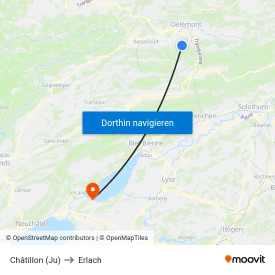 Châtillon (Ju) to Erlach map