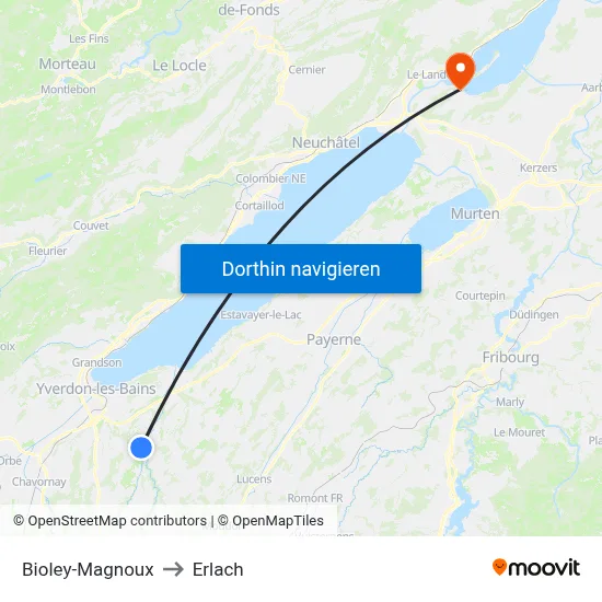 Bioley-Magnoux to Erlach map