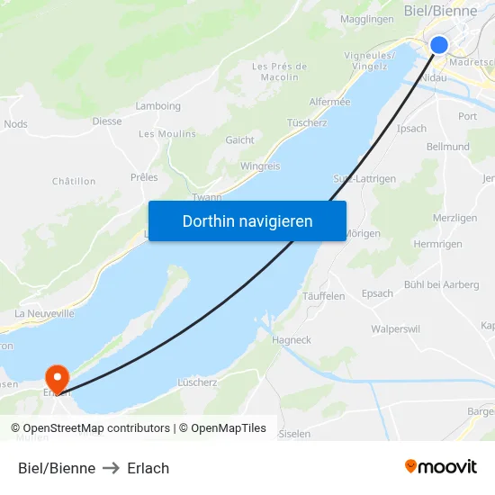 Biel/Bienne to Erlach map