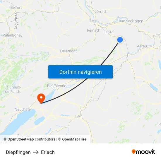 Diepflingen to Erlach map