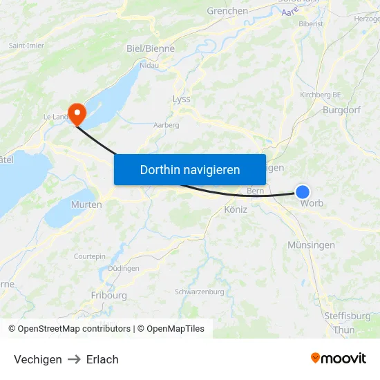 Vechigen to Erlach map