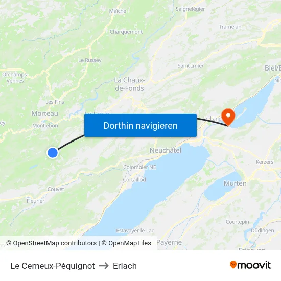 Le Cerneux-Péquignot to Erlach map