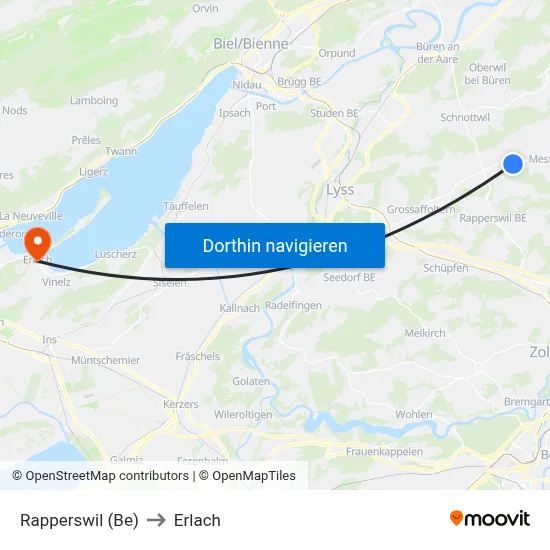 Rapperswil (Be) to Erlach map