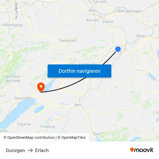 Gunzgen to Erlach map