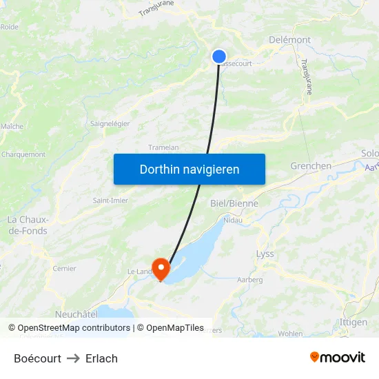 Boécourt to Erlach map