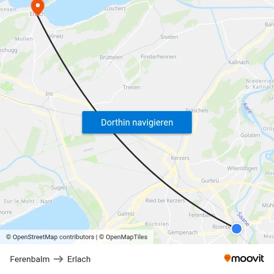 Ferenbalm to Erlach map