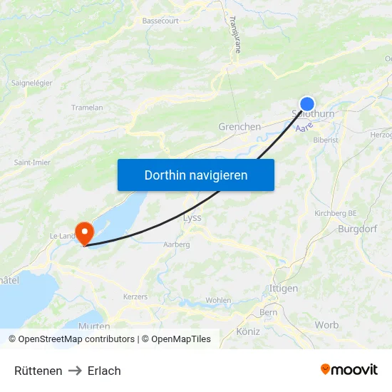 Rüttenen to Erlach map