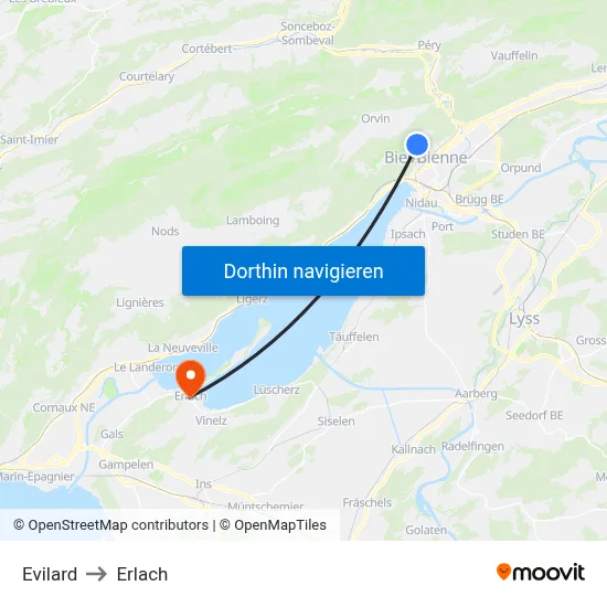 Evilard to Erlach map