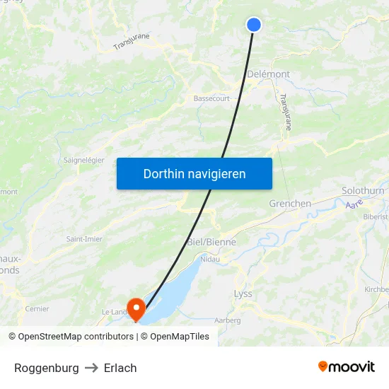 Roggenburg to Erlach map