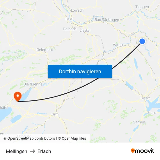 Mellingen to Erlach map