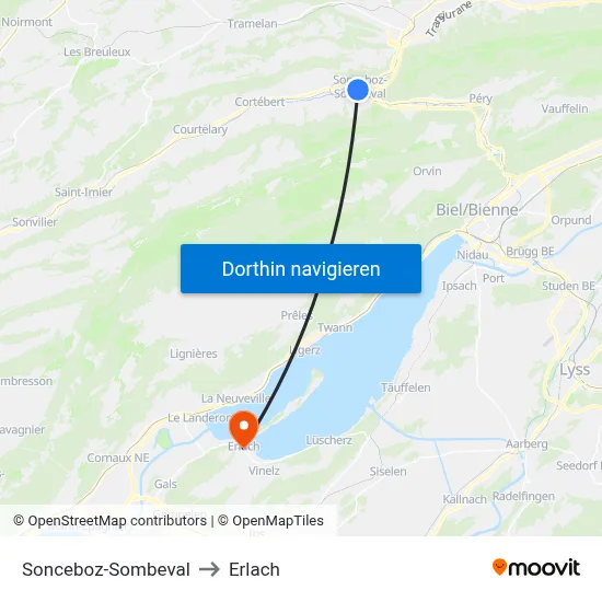 Sonceboz-Sombeval to Erlach map