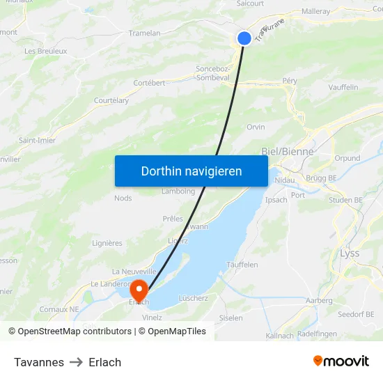 Tavannes to Erlach map