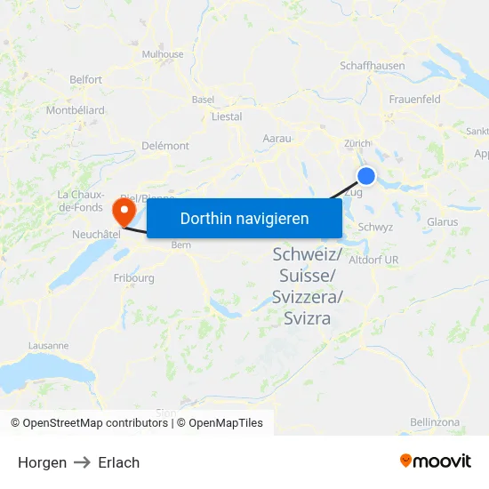 Horgen to Erlach map