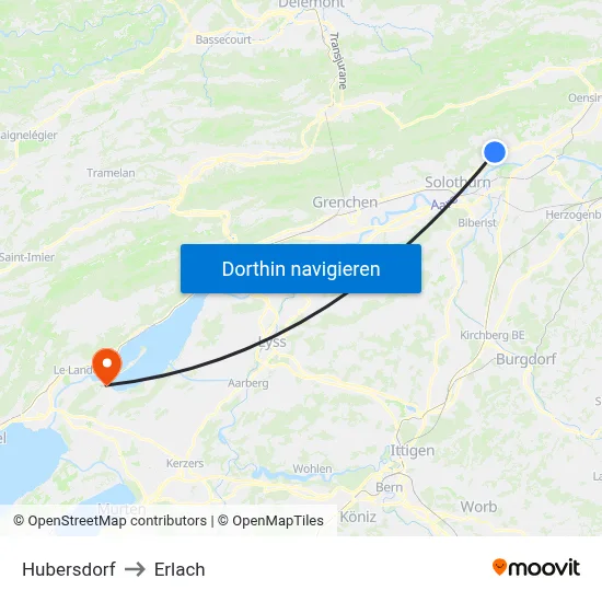 Hubersdorf to Erlach map