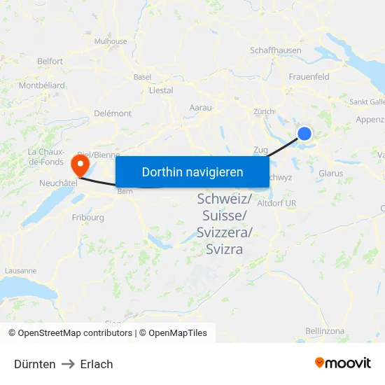 Dürnten to Erlach map