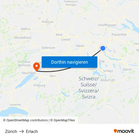 Zürich to Erlach map