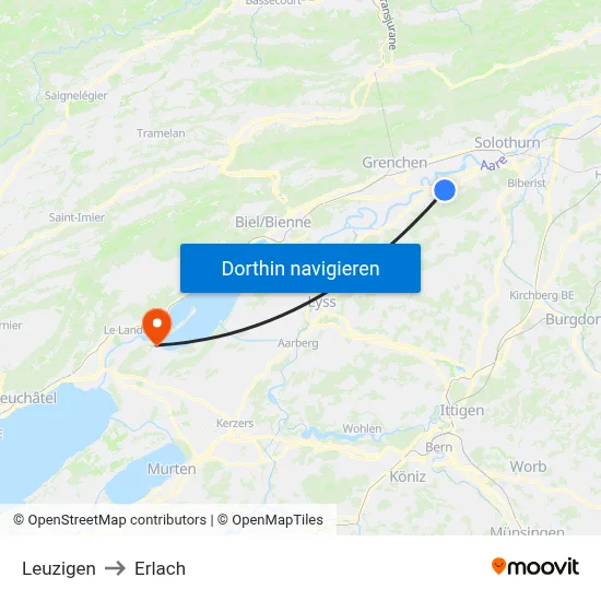 Leuzigen to Erlach map