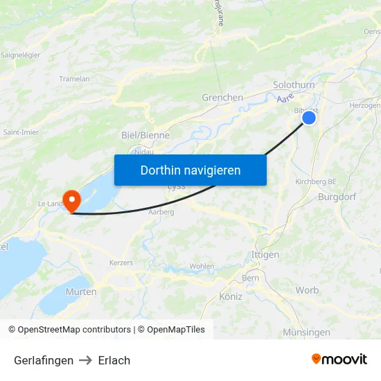 Gerlafingen to Erlach map