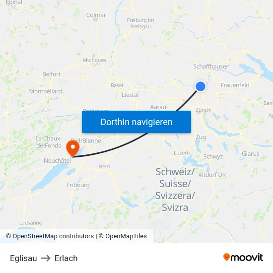 Eglisau to Erlach map