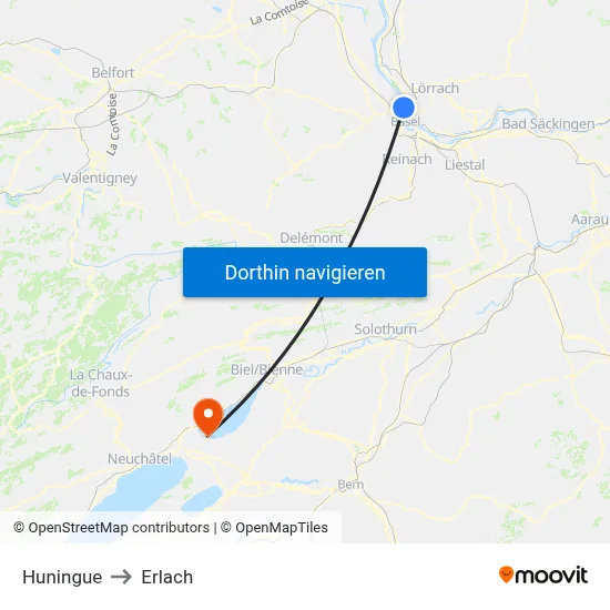 Huningue to Erlach map