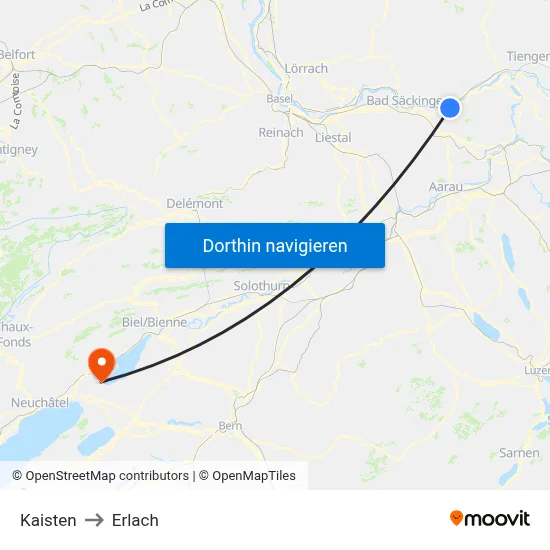 Kaisten to Erlach map