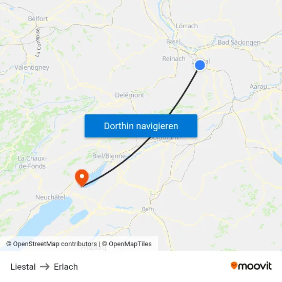 Liestal to Erlach map