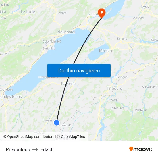 Prévonloup to Erlach map