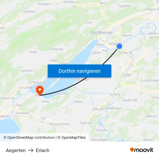 Aegerten to Erlach map