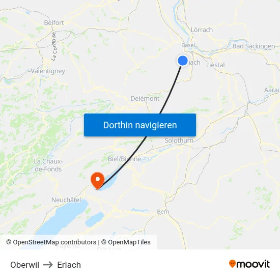 Oberwil to Erlach map